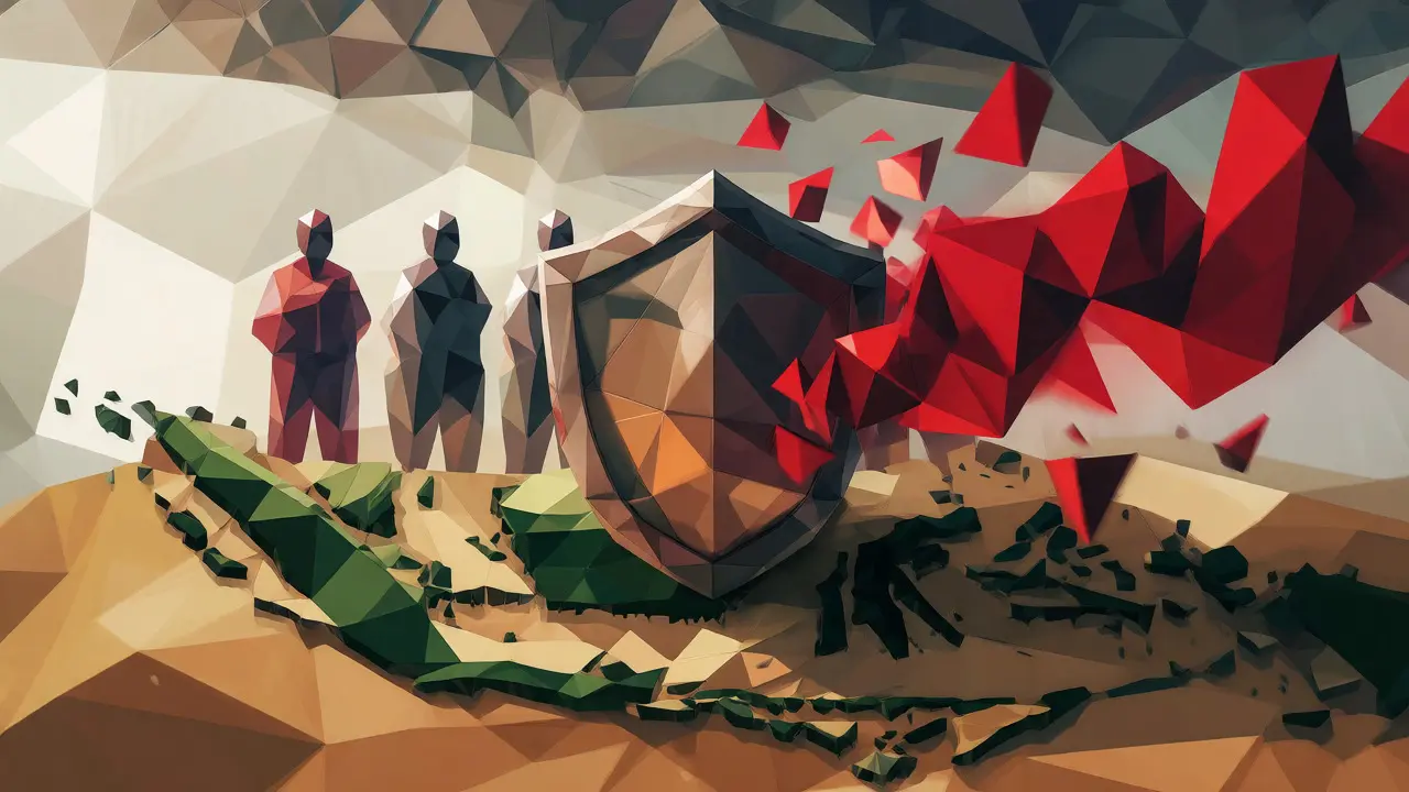 Stylized shield protecting investors on an Indonesian map against chaotic red polygons