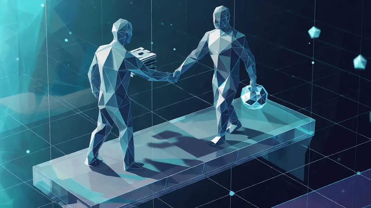 Two low poly figures exchanging money and crypto tokens on a digital bridge.